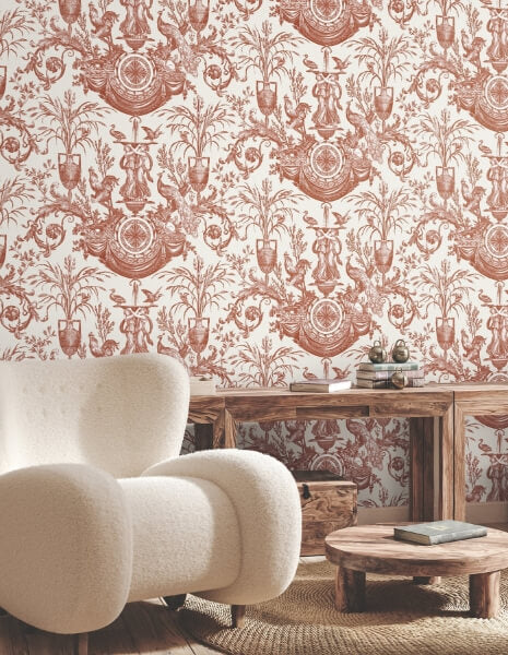 Avian Fountain Toile Brick Wallpaper
