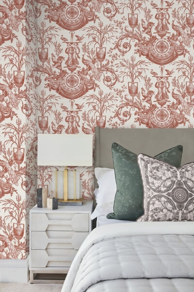 Avian Fountain Toile Brick Wallpaper