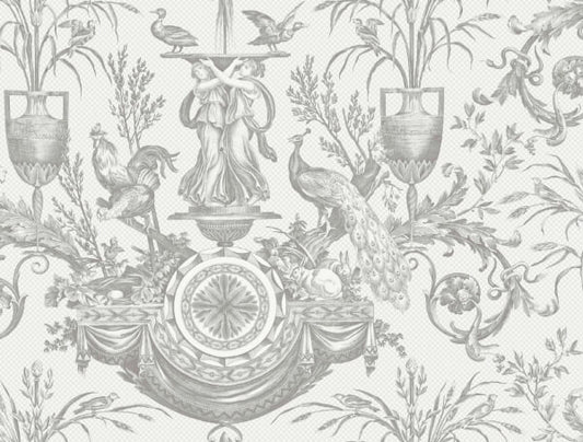 Avian Fountain Toile Grey Wallpaper