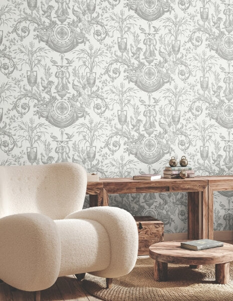 Avian Fountain Toile Grey Wallpaper