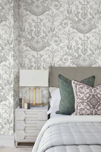 Avian Fountain Toile Grey Wallpaper
