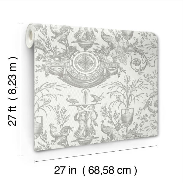 Avian Fountain Toile Grey Wallpaper