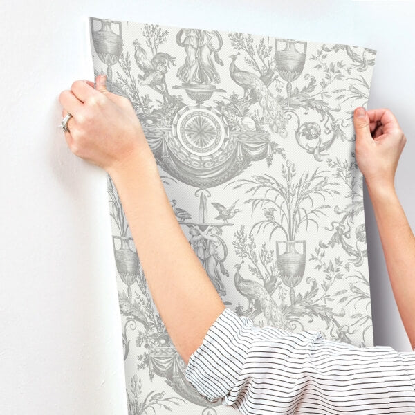 Avian Fountain Toile Grey Wallpaper
