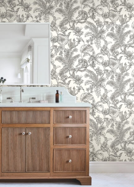 Tropical Sketch Toile Black Wallpaper