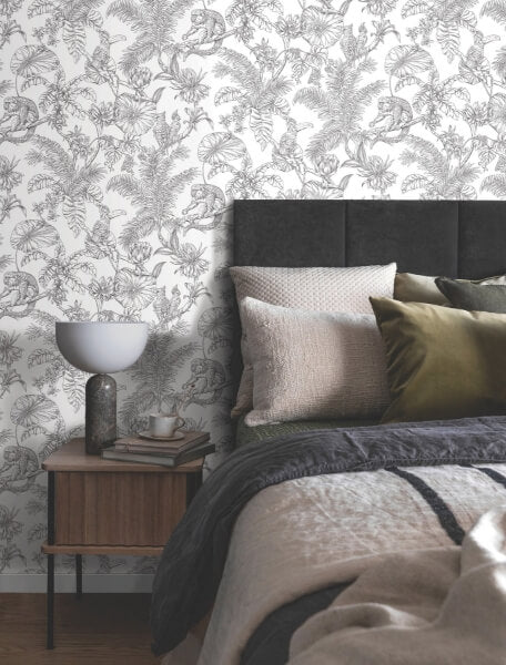 Tropical Sketch Toile Black Wallpaper