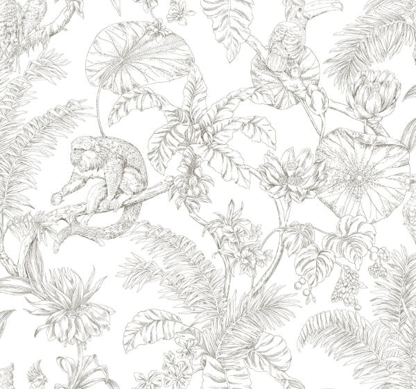 Tropical Sketch Toile Brown Wallpaper