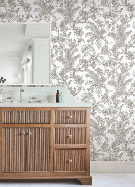 Tropical Sketch Toile Brown Wallpaper