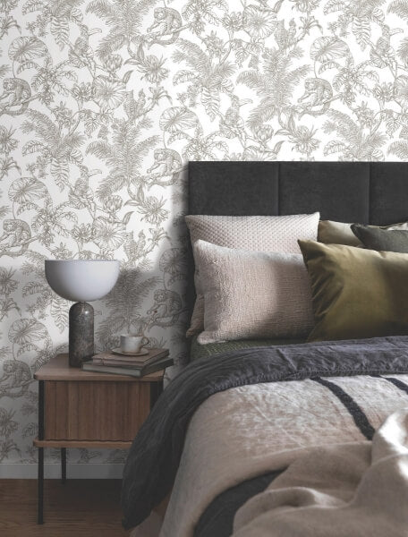 Tropical Sketch Toile Brown Wallpaper