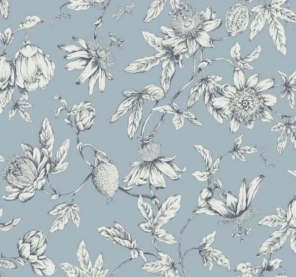Passion Flower Toile Sky Blue Wallpaper