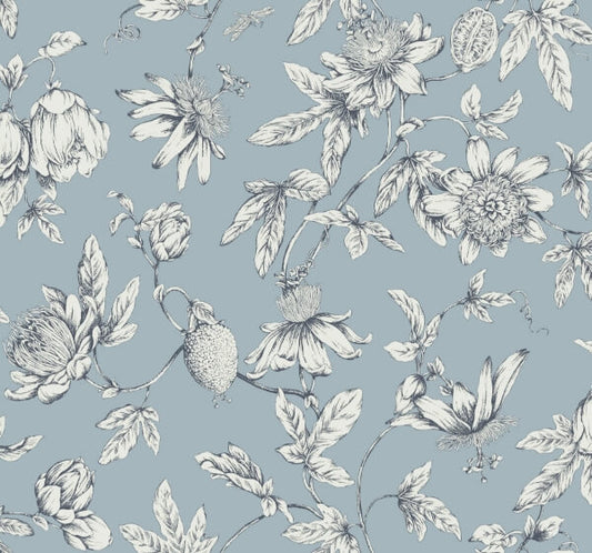 Passion Flower Toile Sky Blue Wallpaper