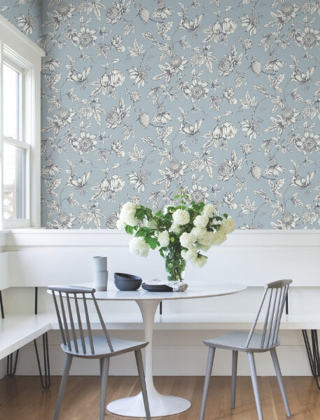 Passion Flower Toile Sky Blue Wallpaper