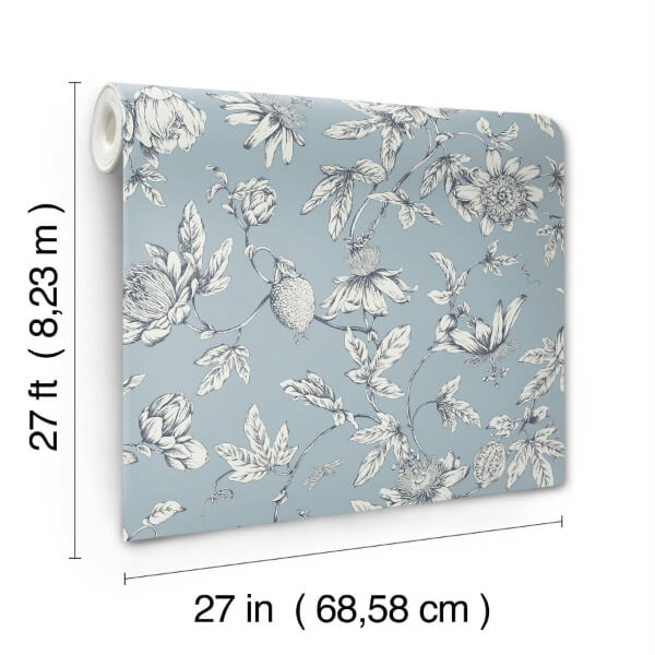 Passion Flower Toile Sky Blue Wallpaper
