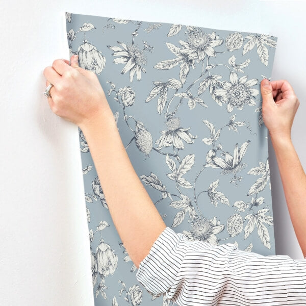 Passion Flower Toile Sky Blue Wallpaper