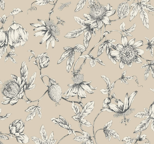 Passion Flower Toile Beige Wallpaper
