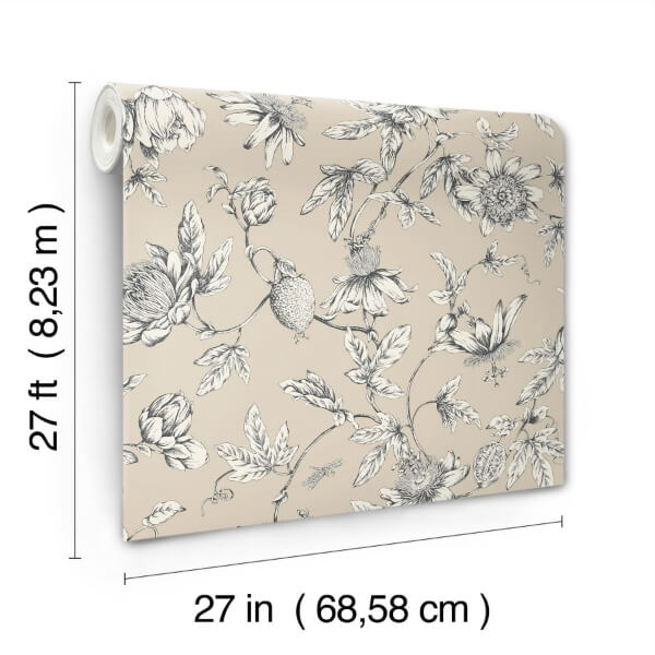 Passion Flower Toile Beige Wallpaper
