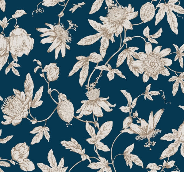 Passion Flower Toile Navy Wallpaper
