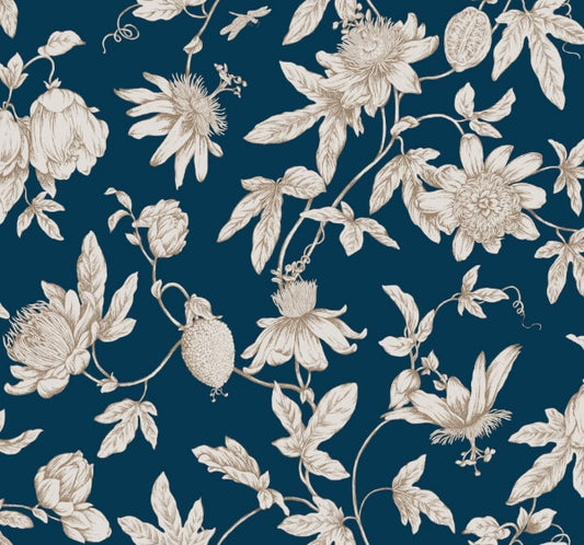 Passion Flower Toile Navy Wallpaper