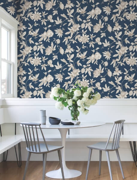 Passion Flower Toile Navy Wallpaper