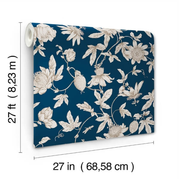 Passion Flower Toile Navy Wallpaper