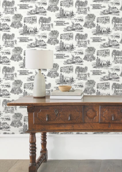 Modern Vista Toile Black Wallpaper