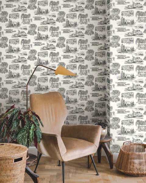 Modern Vista Toile Black Wallpaper