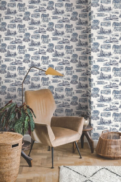Modern Vista Toile Navy Wallpaper