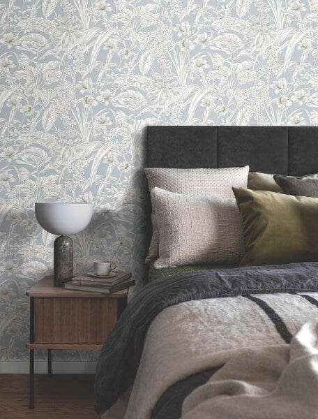 Orchid Conservatory Toile Blue & Taupe Wallpaper