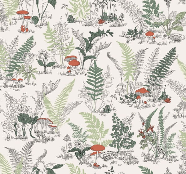 Mushroom Garden Toile Red & Green Wallpaper