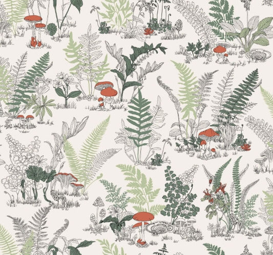 Mushroom Garden Toile Red & Green Wallpaper