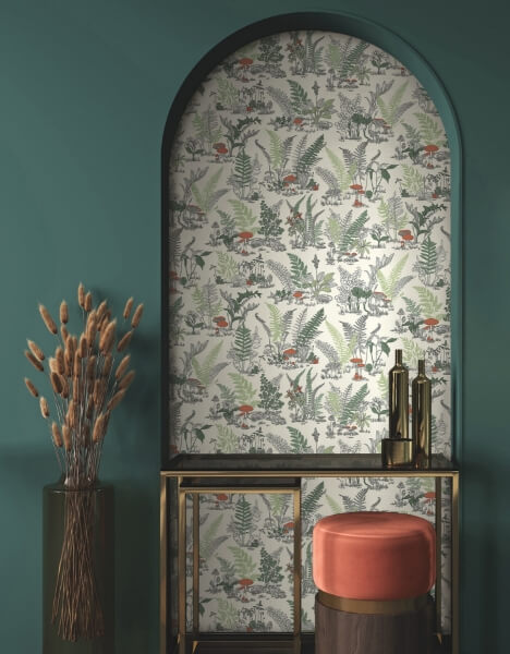 Mushroom Garden Toile Red & Green Wallpaper