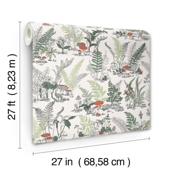 Mushroom Garden Toile Red & Green Wallpaper
