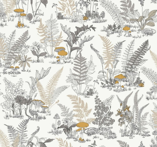 Mushroom Garden Toile Neutral & Gold Wallpaper
