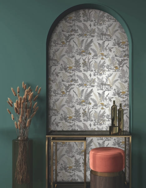 Mushroom Garden Toile Neutral & Gold Wallpaper