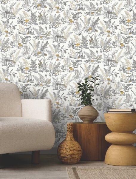 Mushroom Garden Toile Neutral & Gold Wallpaper