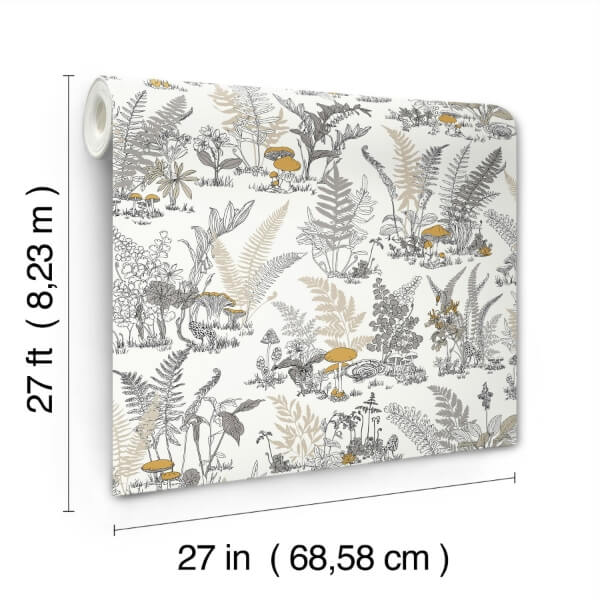 Mushroom Garden Toile Neutral & Gold Wallpaper