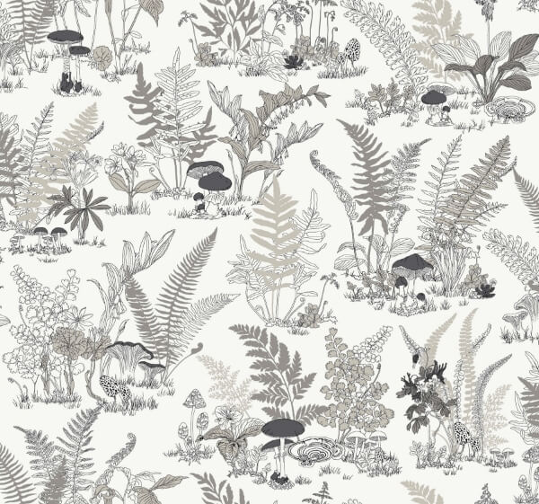 Mushroom Garden Toile Black & Grey Wallpaper