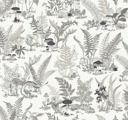 Mushroom Garden Toile Black & Grey Wallpaper