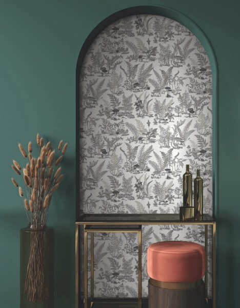 Mushroom Garden Toile Black & Grey Wallpaper