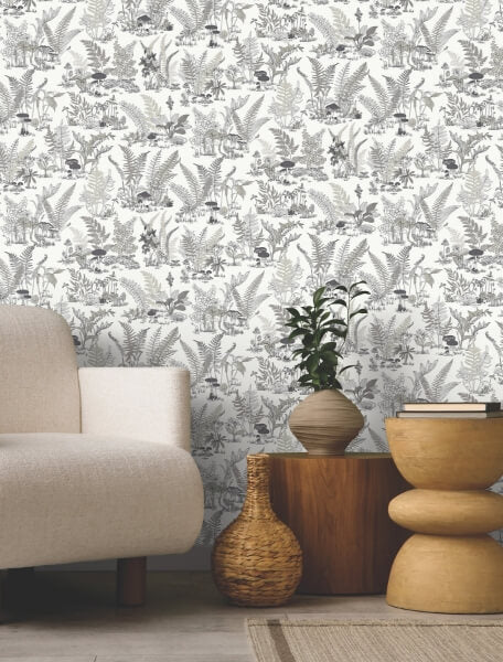 Mushroom Garden Toile Black & Grey Wallpaper