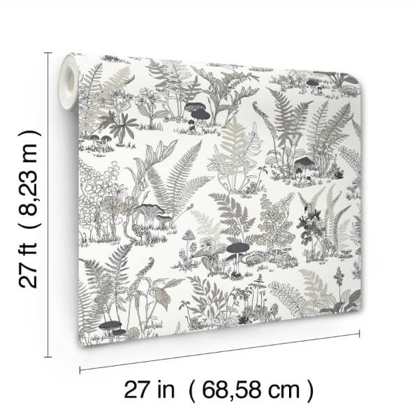 Mushroom Garden Toile Black & Grey Wallpaper