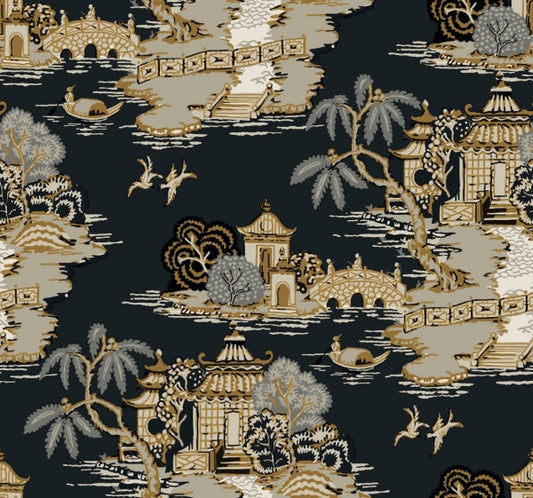 Pagoda And Sampan Scenic Black Wallpaper