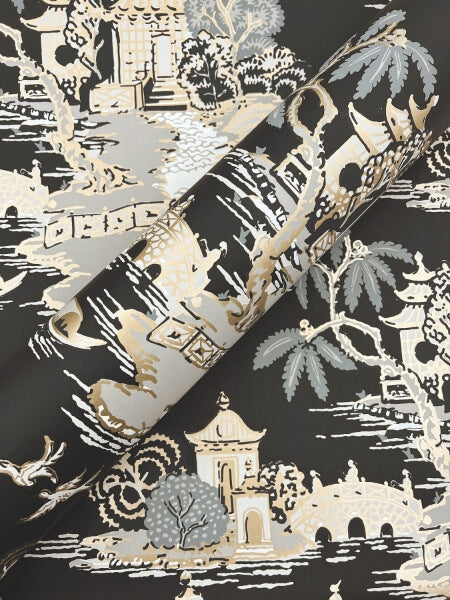 Pagoda And Sampan Scenic Black Wallpaper