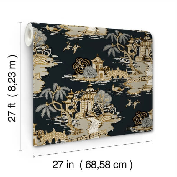 Pagoda And Sampan Scenic Black Wallpaper