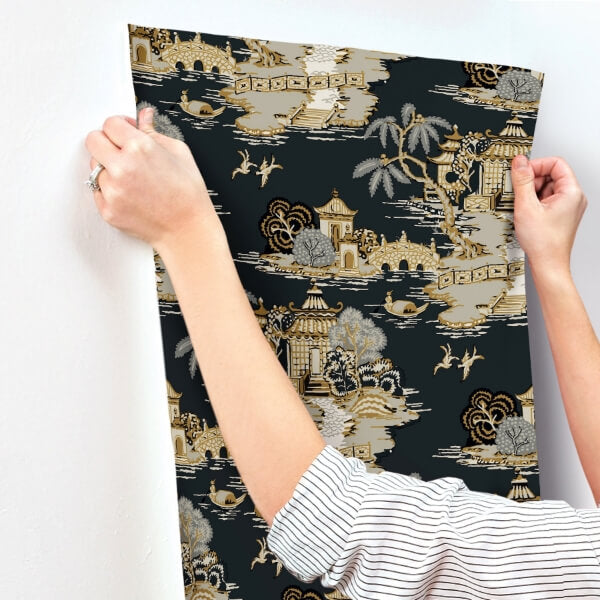 Pagoda And Sampan Scenic Black Wallpaper