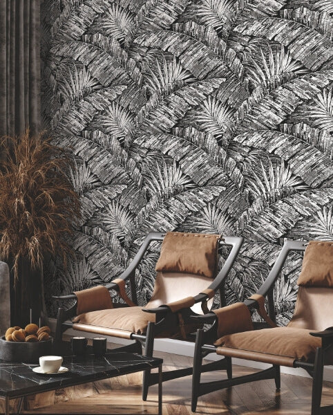 Palm Cove Toile White & Black Wallpaper