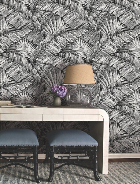 Palm Cove Toile White & Black Wallpaper