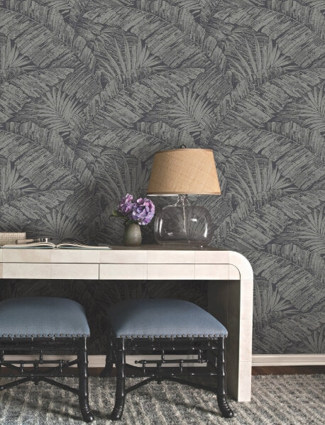 Palm Cove Toile Silver & Black Wallpaper