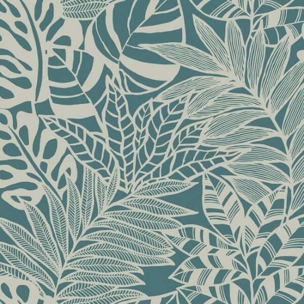 Jungle Leaves Teal Wallpaper