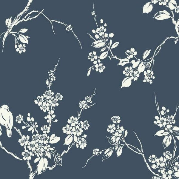 Imperial Blossoms Branch Navy Wallpaper