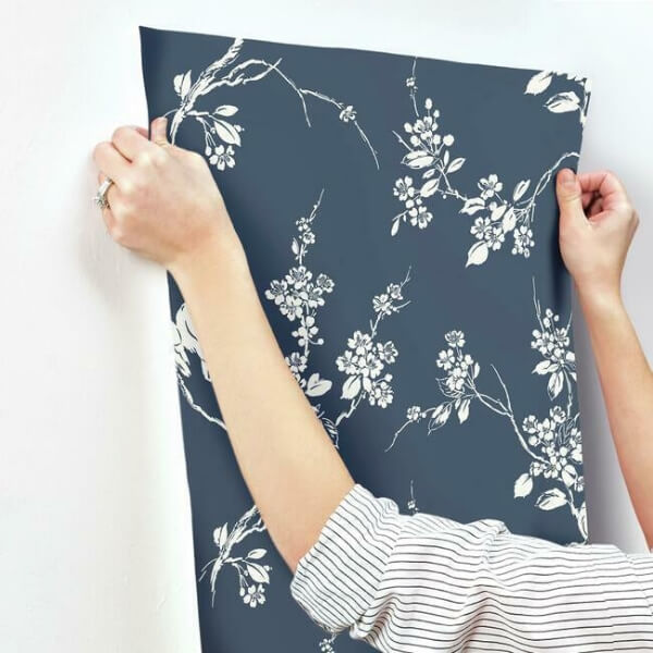 Imperial Blossoms Branch Navy Wallpaper